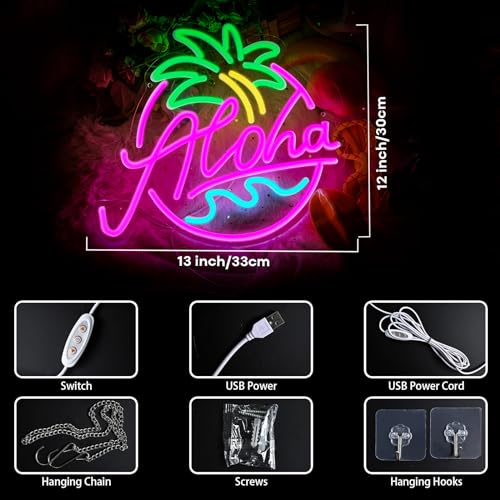 Image of Aloha Palm Tree Neon Sign for Beach Party, Tropical Summer Aloha Led Sign for Hawaiian Tiki Bar Wall Decor, Pink Blue Green Aloha Wave Coconut Light Up Sign for Holiday Hawaii Beer Bar Decorations