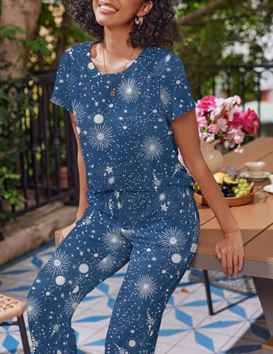 Image of Ekouaer 2 Pack Pajamas for Women Set Short Sleeve Sleepwear Top and Pants Pjs Soft Printed Lounge Sets with Pockets