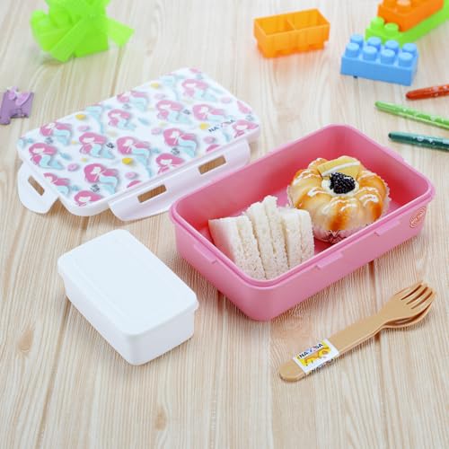Image of Nayasa Camp 2 Compartment BPA-Free Plastic Lunch Box for Kids Girls | Mermaid Print | Leak Proof Clip Lock | Pink