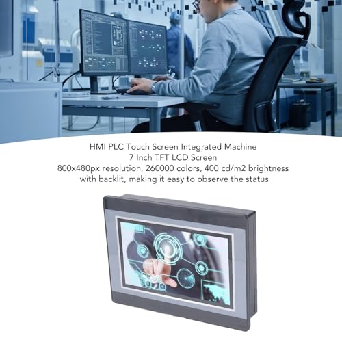 7in PLC HMI Touchscreen DC24V 5A Programmable Logic Controller with 2 Way K Thermocouple Temperature Measurement, 12in 8out PLC Touch Screen, 800x480px Resolution, ABS Material