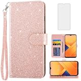 Asuwish Phone Case for Wiko Voix U616AT with Tempered Glass Screen Protector Cover and Cell Accessories Card Holder Slot Kickstand Protective Wrist Strap Mobile Glitter Wallet 5G Women Men Pink