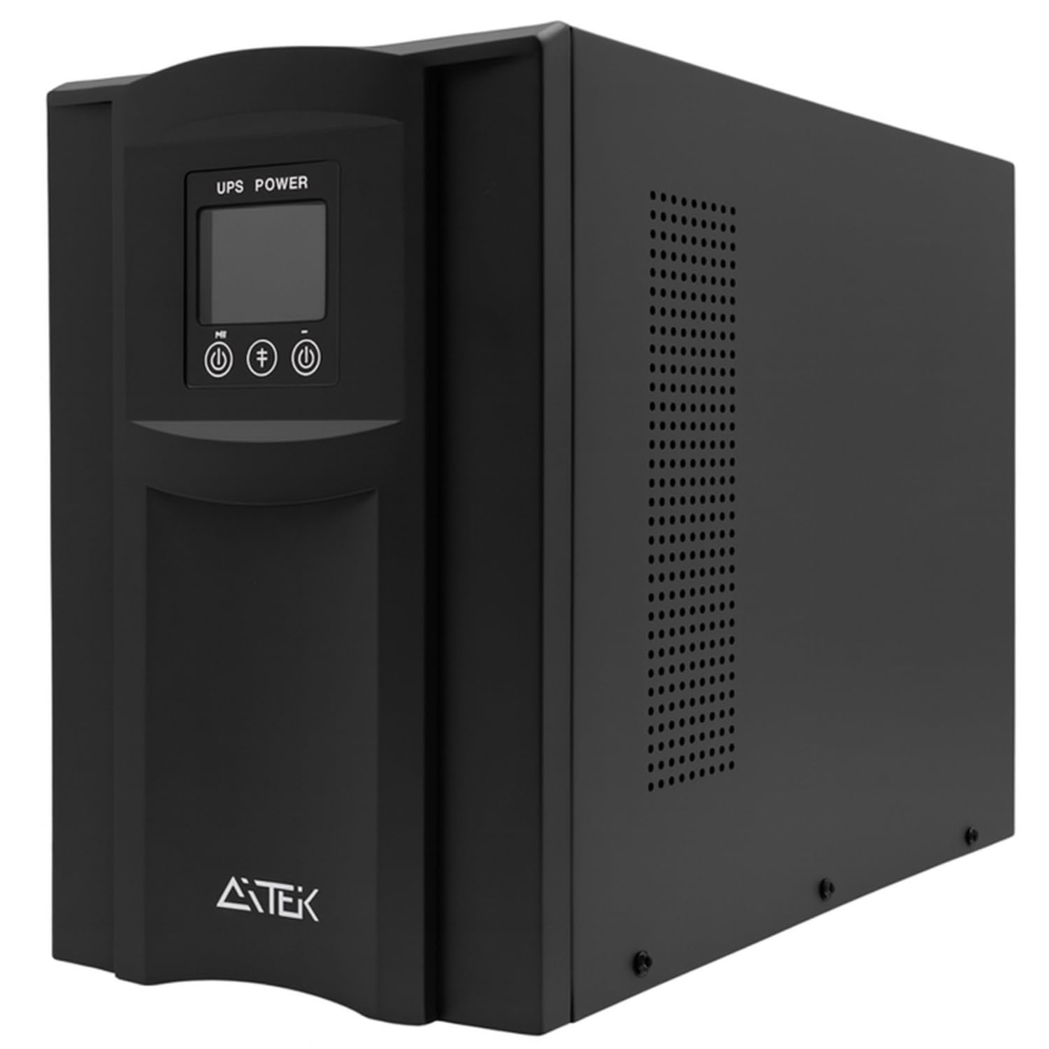 AITEK Pure Sine Wave UPS 3000VA front panel display showing 'UPS POWER' and various status indicators.