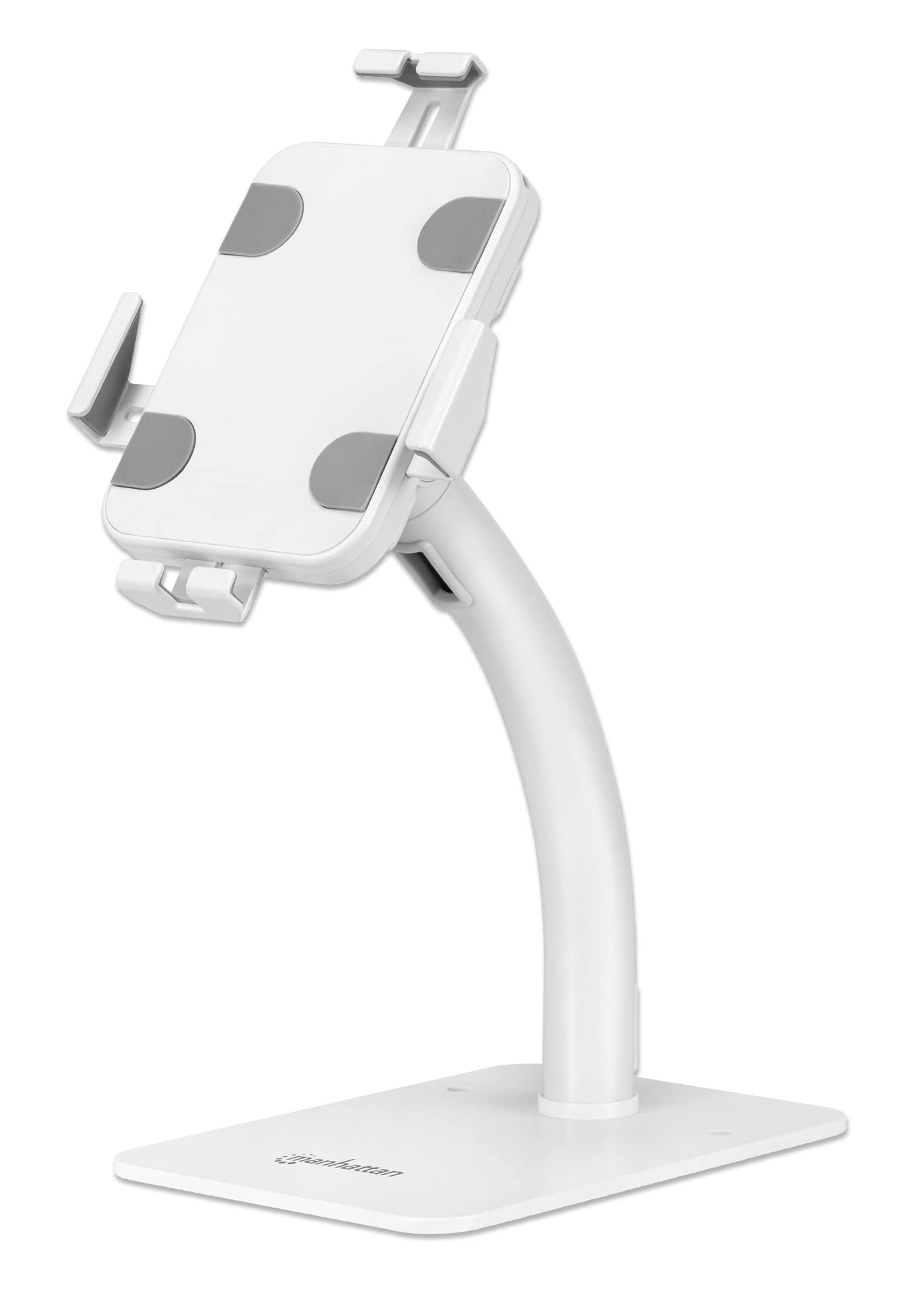 Manhattan Supporto da tavolo antifurto con supporto per tablet e iPad, per tablet da 7,9" a 11", girevole a 360°, inclinabile da 20° a -110°, autoportante, bianco, 406352