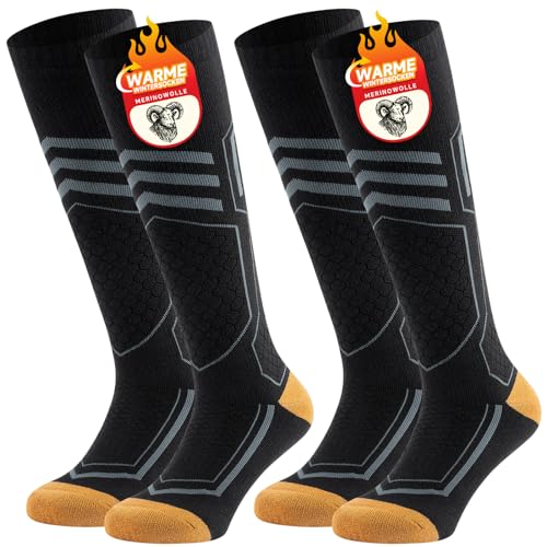 TANSTC Merinowolle Skisocken Herren 43-46 Winter Warme Merino Socken Antiblasen Dicke Thermosocken Wandersocken Damen, Thermo Wintersocken Kompressionsstrümpfe, Skifahren Geschenke Schwarz 2 Paar