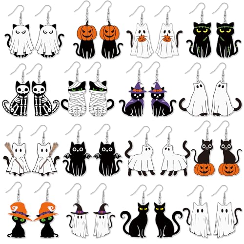 Tondiamo 16 Pairs Halloween Black Cat Earrings Ghost Pumpkin Witch Acrylic Halloween Earring Gothic Spooky Women Jewelry Gift