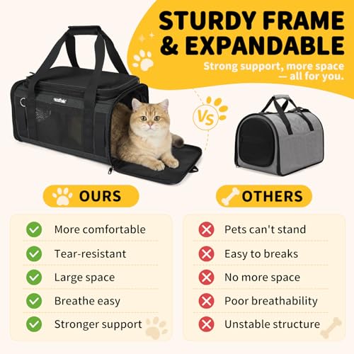 Apollo Walker Cat Carrier Airline Approved Expandable Black | TSA Expandable upper back section, self-locking zipper, supportive base,side storage pockets,multiple carrying options - Image 7