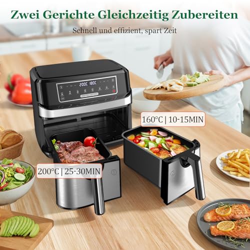 Heißluftfritteuse 2 Kammern 9L | Dual Zone Airfryer m 2x4,5L Schubladen, 2600W Heissluftfritteuse 8-in-1 Touchscreen Smart Finish Funktion, Air Fryer Doppelkammer Unabhängige Steuerung Temperatur Zeit 2