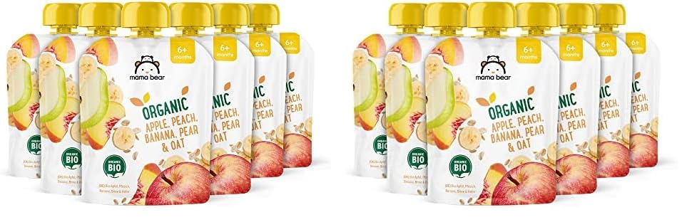 Marca Amazon - Mama Bear Bolsitas de Puré de manzana, melocotón, plátano y pera ecológicos con harina de avena ecológica, vegetariano, 90g, Paquete de 12