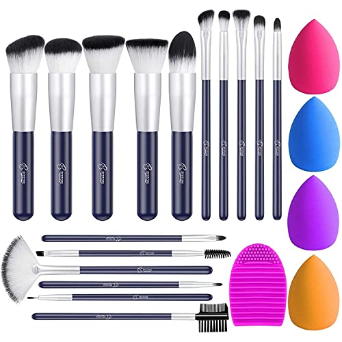 16Pcs Makeup Brushes Set, 4Pcs Beauty Blender Sponge Set and 1 Brush Cleaner, Premium Synthetic Foundation Brushes Blending Face Powder Eye Shadows Make Up Brushes Kit (Navy blue)