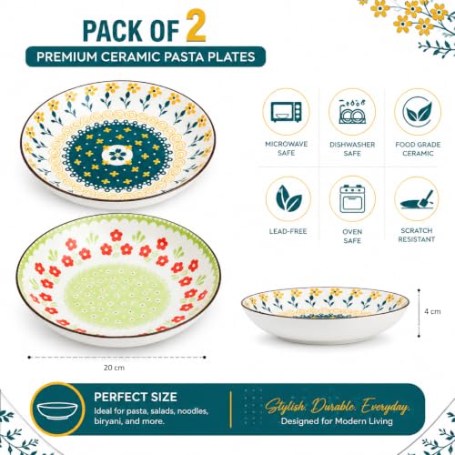 Image of Premium Ceramic Pasta Plates with Elegant Blue & Yellow Floral Design, Deep Serving Plates for Pasta, Salad, Noodles, Biryani & Desserts, Microwave & Dishwasher Safe (Blue, White, Pack of 2)