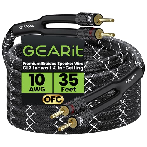 GEARit 10 Gauge Black Speaker Wire Banana Plugs CL2 Rated in-Wall 35 Feet