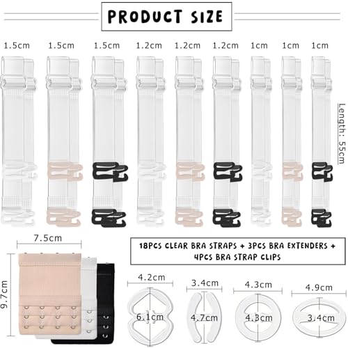 25PCS Clear Bra Straps Bulk: 18 Pieces Invisible Transparent Bra Straps Adjustable Non-Slip Bra Replacement Straps, 3 Pieces Bra Extenders, 4 Pieces Bra Strap Holders for Slipping for Women2
