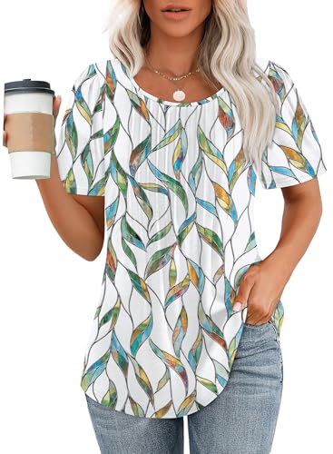 Plus Size Summer Tops for Women 2025 Floral Blouses Dressy Casual Pleated Short Sleeve Green Leaf Prints Beach Vacation Clothes 3XL