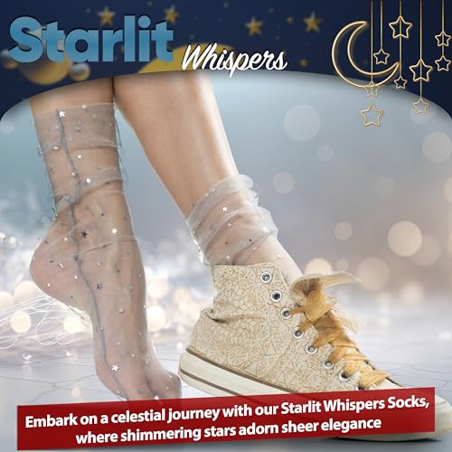 Image of Mist Grey Elegance: Women Sheer Slouch Tulle Socks | Shiny Glitter Novelty Decorated Loose Socks with Stars & Moon - Ankle High 1 Pair (US sizes 5-8)
