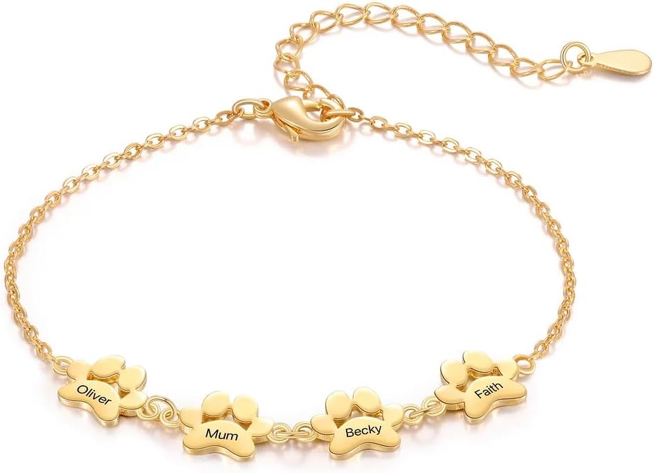 Personalized Pet Paw 1-5 Names Bracelet Adjustable Name Bracelet Dog Cat Paw Bracelet Memorial Jewelry Gift for Pet Lovers