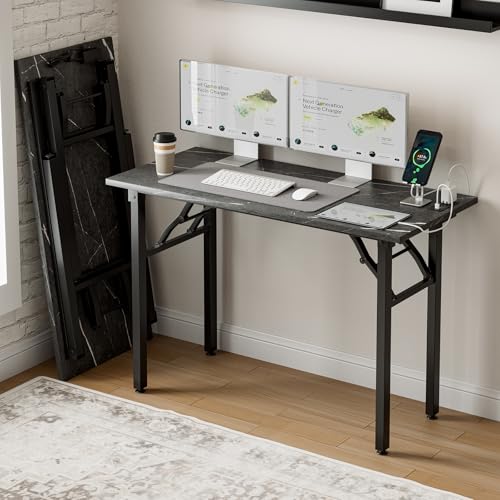 Image of Frylr Small Folding Computer Desk - 43.3 Inch Portable Table for Craft and Study, Lightweight Desk for Small Spaces, Foldable Laptop Table Built-in AC /USB Outlets for Convenience, Marble Greige