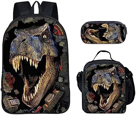 CNRYRIO Dinosaur Backpack Kids School Bag Set 17 Inch Laptop Backpack with Insulated Lunch Box and Pencil Case for Boys and Girls (Dinosaur-A)