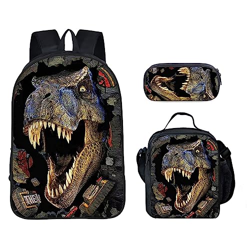 Dinosaur Backpack Kids School Bag Set 17 Inch Laptop Backpack with Insulated Lunch Box and Pencil Case (3-in-1 set)