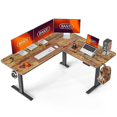 Image of BANTI L-Shaped Standing Desk - 63 x 55 Inch Adjustable Corner Standing Desk with Charging Station - L Shape Sit Stand Table with Memory Controller, Splice Board for Home Office, Rustic Brown