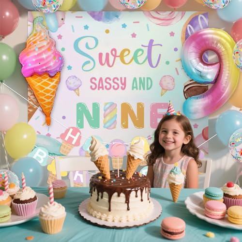 Image of Sweet Sassy and Nine 9th Birthday Decorations for Girls Ice Cream Balloons | 9 Year Old Girl Birthday Decorations Sweet Sassy and 9 Backdrop Ice Cream Banner 9th Birthday Balloon Party Supplies