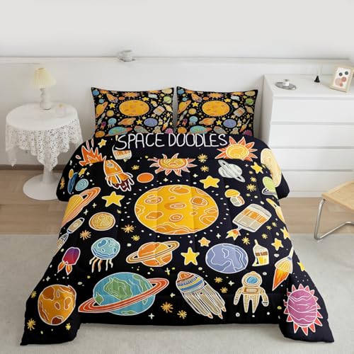 Image of Feelyou Outer Space Comforter Set Queen, Solar System Bedding Set for Kids Planet Solar System Comforter Boys Girls Educational Duvet Set with 2 Pillow Case