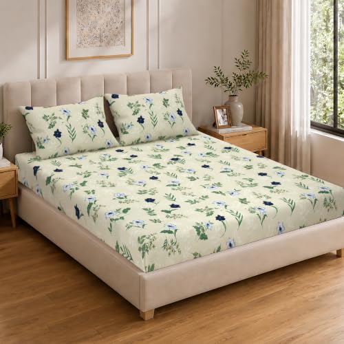 Image of Cloth Fusion Cotton Feel Elastic Fitted Bedsheet King Size, 2 Pillow Covers