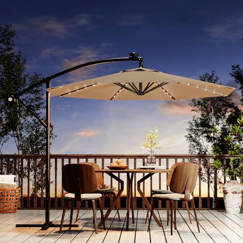 10FT Solar Lights Cantilever Umbrella outdoor patio, Offset Patio Umbrella with Easy Lift & Tilt Adjustment, UV Protection Fade Resistant for Deck, Pool, Garden, Tan