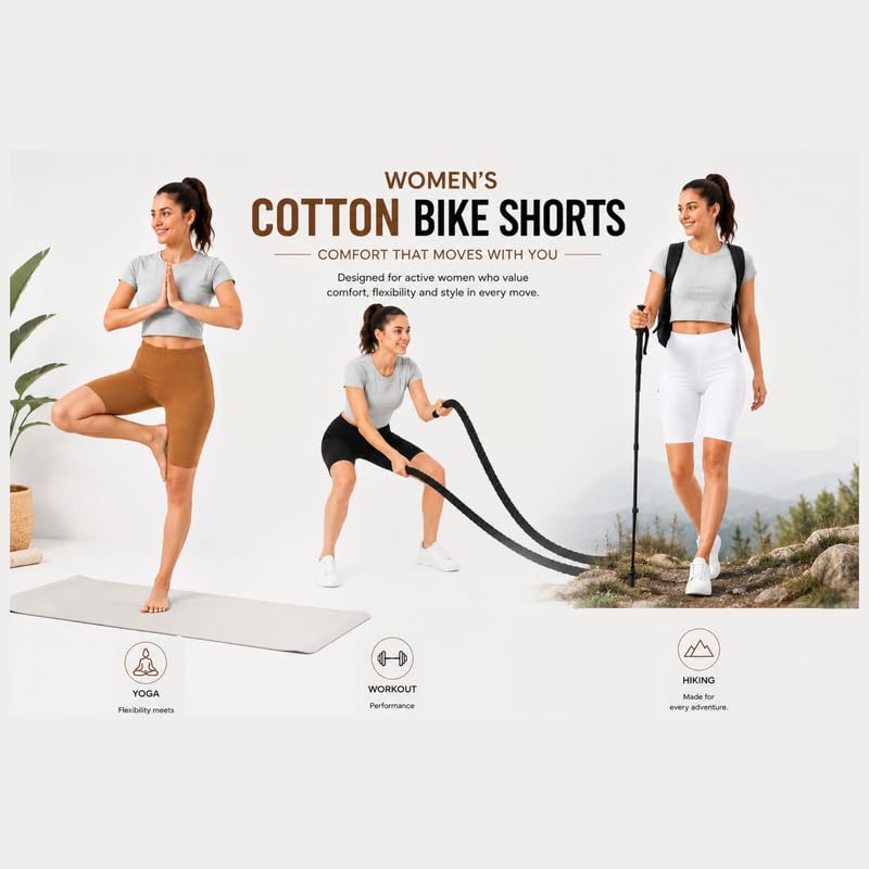 Image of Women's Cotton Lycra Cycling Shorts | 95% Cotton 5% Spandex | Stretchable Knee Length Tights for Gym, Yoga & Sports