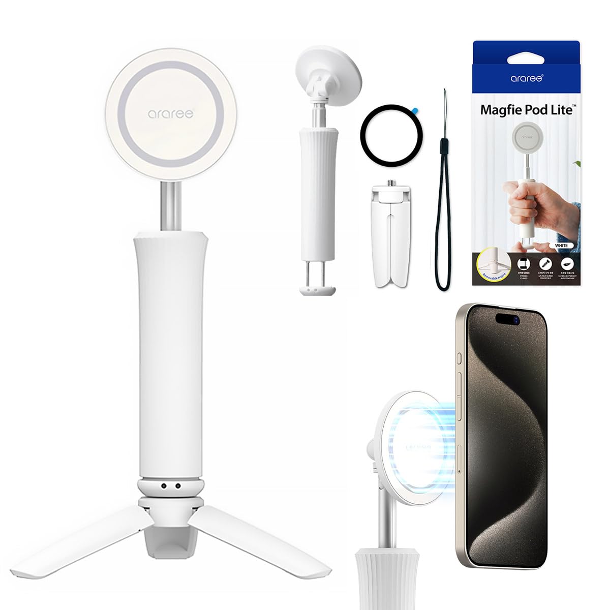 Amazon.co.jp: araree Magfie Pod Lite [ MagSafe対応 クランプ式 スマホマウント 強力磁石固定 回転ヘッド  軽量設計 1/4インチネジ対応 片手撮影グリップ 三脚付属 ハンドストラップ付き ] iPhone Android 対応 AR27694 ...