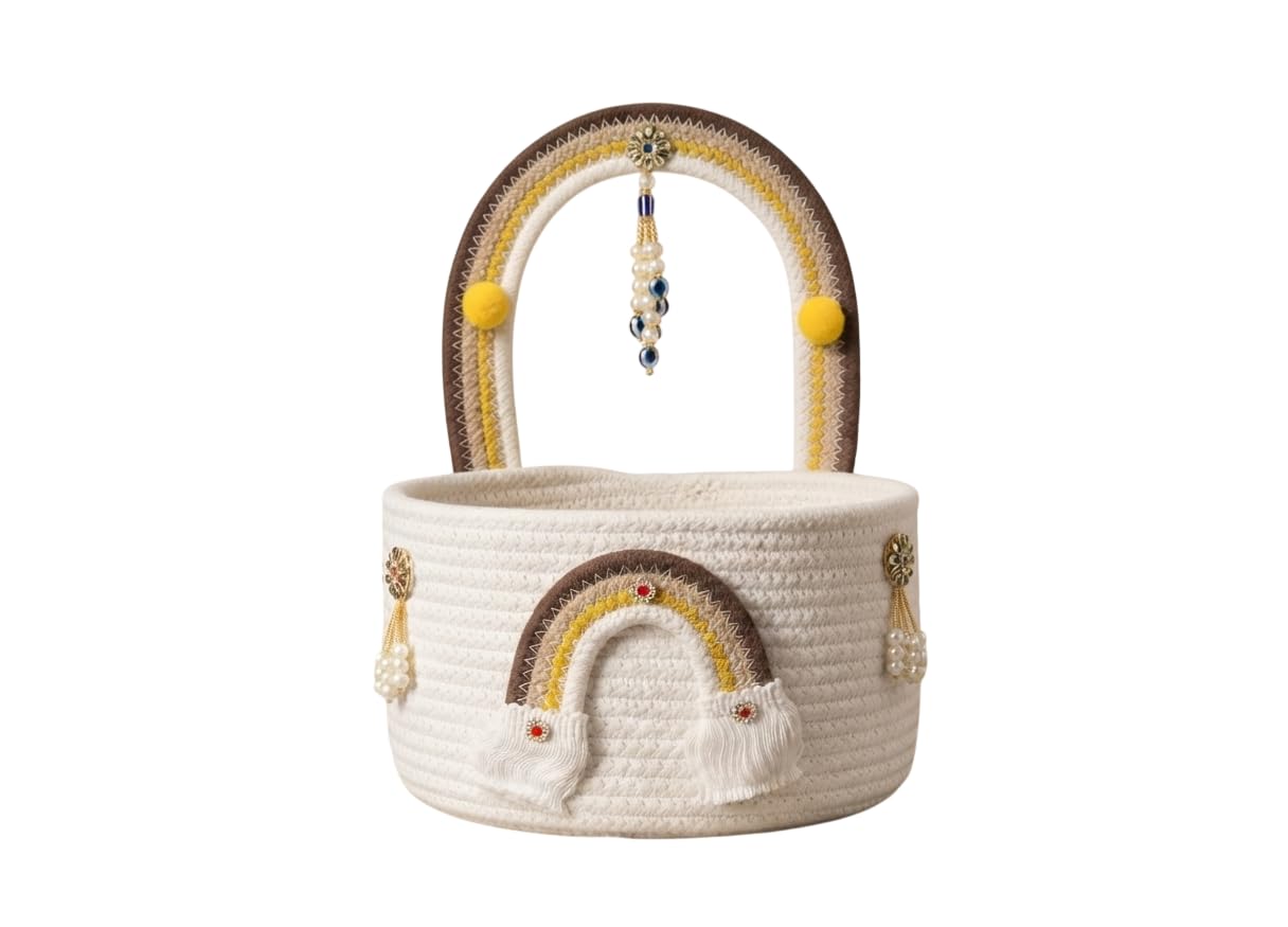 Krishna Ladoo Gopal Ji Sofa Bed | Premium Handmade Decorative Singhasan Sofa for Bal Gopal | Soft Cushioned Seat with Back Arch & Hanging Decor | Pooja Mandir Home Decor (White & Yellow)-image-49