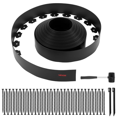 VEVOR Borde de Jardín, 20 m x 10 cm, Borde de Césped de Plástico con 60 Clavos y 2 Estacas de Tierra, Borde Paisajístico de Valla para Parterres, Pavimento de Jardín y Caminos de Grava, Negro