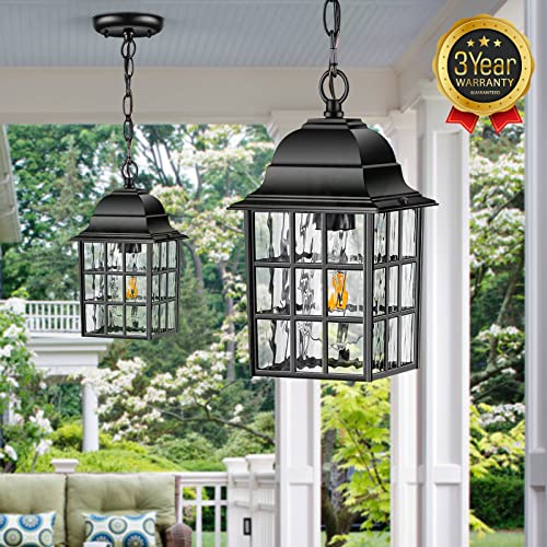 Vianis Outdoor Pendant Lights, Black Outdoor Lanterns For Front Porch Anti-Rust Aluminum, Outdoor Farmhouse Light Fixture, Gazebo Chandelier With Tempered Ripple Glass For Porch, Garage, Entryway #TOP1