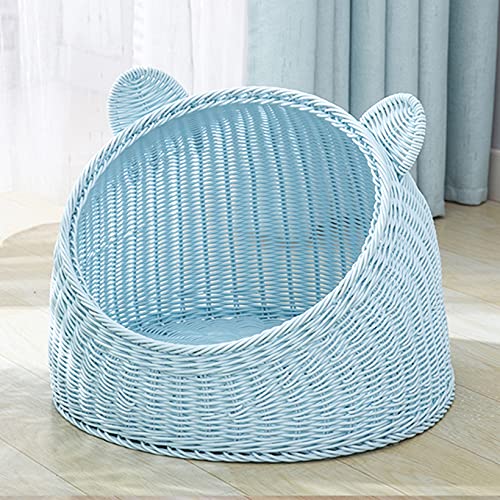 ラタン ペットベッド 猫ハウス 夏用 可愛い猫耳型 プラスチック藤編み 通気性 通年利用 ねこ キャットハウス イヌ 小型犬 うさぎ 小動物用ケージ ラタンかご 洗濯可能 お洒落 編み物 寝台 休憩所 ペット用品