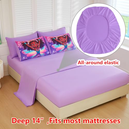Image of Twin Comforter Set for Girls 5 Piece Black Girl Bedding Set for Girls, Super Soft Microfiber Bed Set African American Princess Bed in a Bag with Comforter & Purple Sheets Pillowcase & Sham