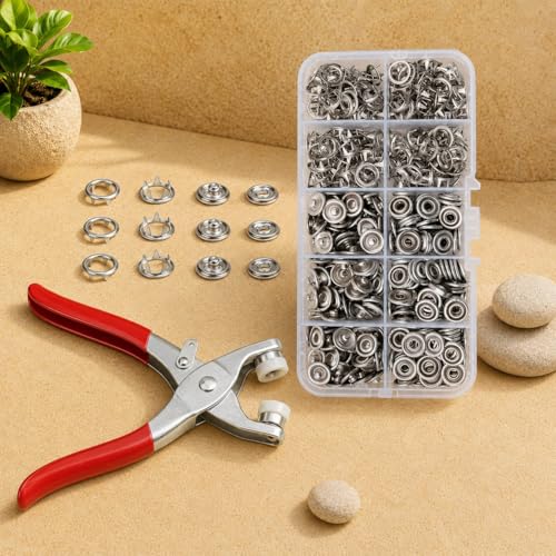 Image of Snap Button Fastener Kit with Plier Tool, Silver | 100 Sets Metal Snap Buttons, Stainless Steel Press Stud, For Clothing, Leather, DIY Craft, Repair, Storage Box