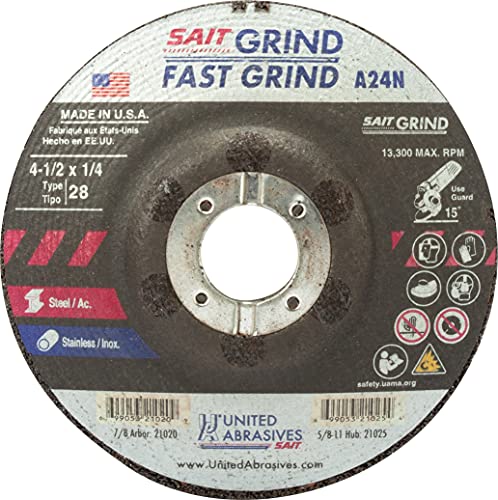United Abrasives SAIT 21020 4-1/2x1/4x7/8 A24N Fast Grinding Metal/Stainless Type 28 No Hub Grinding Wheels, 25 Pack