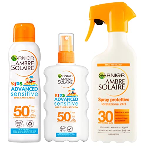 Garnier Ambre Solaire Kids Advanced Sensitive SPF 50+ Spray Multi Resistente da 200ml + Kids Advanced Sensitive SPF 50+ Spray Anti Sabbia da 200ml + Spray Solare SPF 30 con Burro di Karité da 300ml