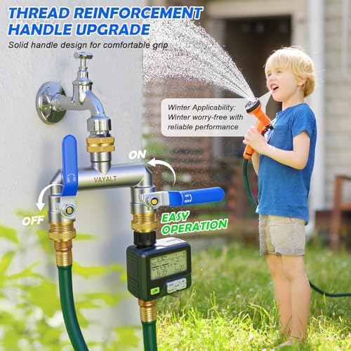 VAYALT 2-Wege Wasserhahn Wasserverteiler, Verteiler Wasser 3/4 Zoll Messing Wasseranschluss Verteile, Gartenschläuche mit 3/4\ Adapter, Kugelhahn zum Einstellen und Absperren des Wasserflusses (Blue)