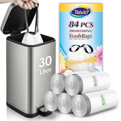 Teivio 30 Liter Medium Bin Liners with Tie Tap 84 Counts 8 Gallon Strong Drawstring Pedal Bin Bags Fit 25-30L Trash Can Waste Bin Bags for Home Office Kitchen Bathroom Bedroom White Rubbish Bags