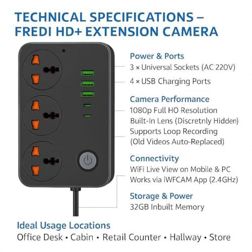 Image of FREDI HD PLUS WiFi Extension Board Camera 1080P | 32GB Inbuilt Storage | Live View on Mobile & Laptop | 24x7 Plug-in Recording | Power Strip Camera | Loop Recording | Indoor Home & Office Monitoring