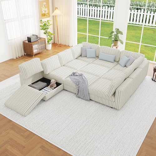 Image of 99 inch Cotton Linen Modular Sectional Sofa Bed with Hidden Storage, 10 Seat Convertible L U Shaped Sleeper Couch with Ottoman Chaise, Farmhouse Modular Sectional Couch with Removable Cover for LivingRoom