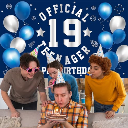 Image of Happy 19th Birthday Banner Backdrop 19th Birthday Decorations for Boy | Large Official Teenager 19th Backdrop 19 Year Old HBD Party Decorations Supplies, Navy Blue Silver