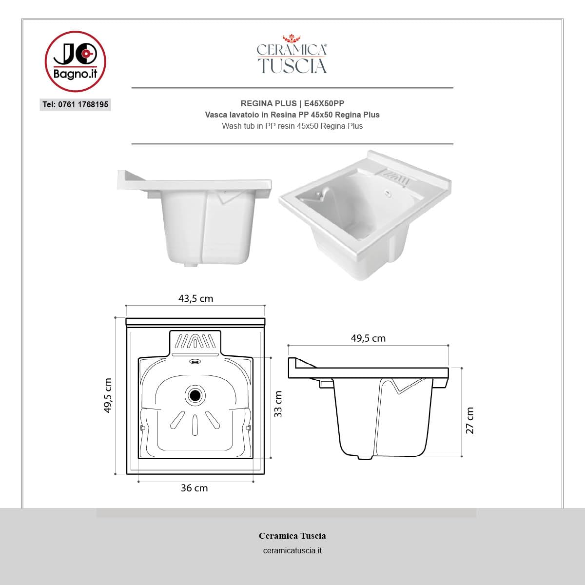 Ceramica Tuscia ZARA Mobile Lavatoio Lavanderia con Vasca in Resina PP (45x50)