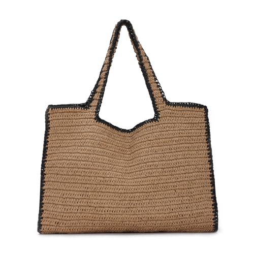 Fecialy Women Large Straw Tote Handbag Hand Woven Summer Beach Shoulder Bag Chic Casual Travel Vacation Bags