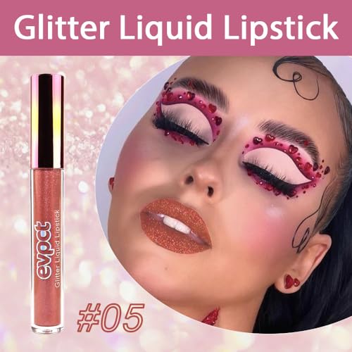 Image of evpct 1Pcs Bronze Gold Matte to Glitter Liquid Lipstick Lip Set Kit, Long Lasting Matte Diamond Glitter Lip Gloss Waterproof, Colorful Sparkly Glossy Metallic Shimmer Sparkle Lipstick for Women 05#