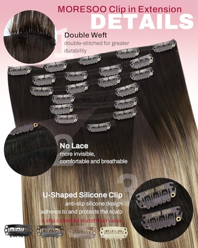 Image of Moresoo Human Hair Clip in Extensions Balayage Dark Brown to Medium Brown with Blonde Ombre Clip in Hair Extensions for Women Full Head 7Pcs 120G 22 Inch