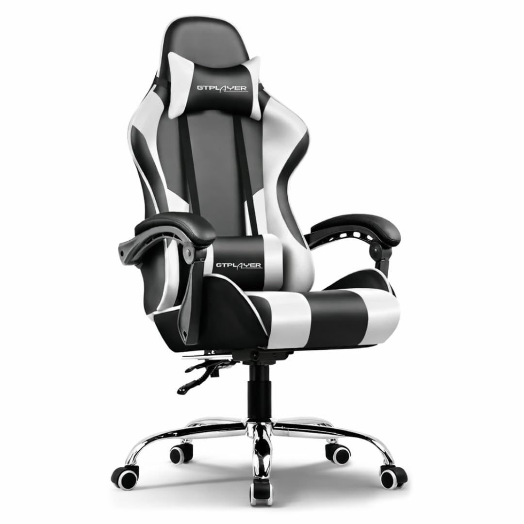 GTPLAYER Gaming Chair Ergonomic Pu Leather with Footrest, Lumbar, White | High-back office chair with adjustable headrest, lumbar pillow, retractable footrest, and 360 swivel for all-day comfort