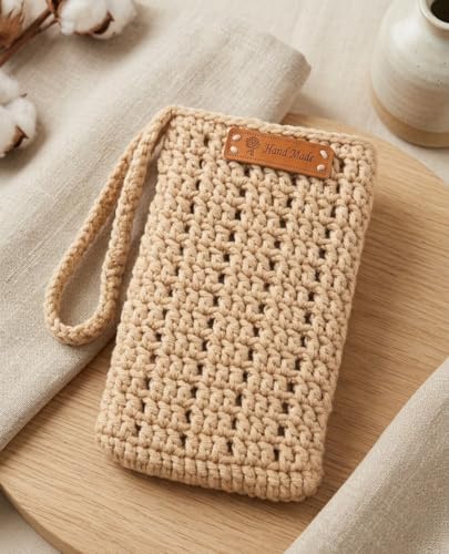 Image of Handmade Crochet Mobile Pouch for Women & Girls | Knitted Phone Holder with Wrist Strap | Cute Floral Aesthetic Mobile Cover Case | Soft Yarn Handmade Gift (Beige)