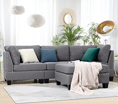 Esright 88.6” Convertible Sectional Sofa Couch with Ottoman, 4-Seat Modern Tufted Fabric L-Shaped Couch with Reversible Chaise, Gray