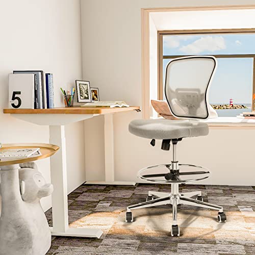 Image of Drafting Chair, Tall Office Chair for Standing Desk, Drafting Stool with Lumbar Support, Adjustable Height and Foot Ring, Grey